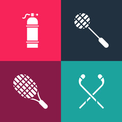 Set pop art Ice hockey sticks, Tennis racket, and Aqualung icon. Vector