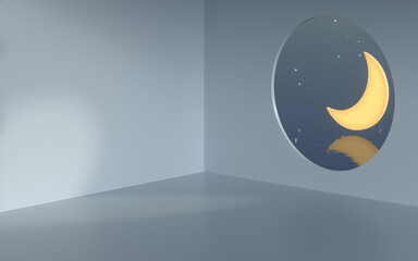 The room with an open window. The moon is outside. 3d rendering.