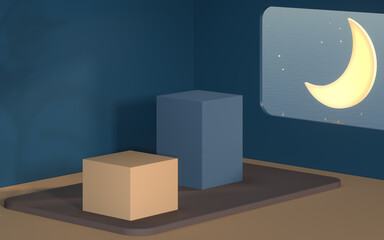 The room with an open window. The moon is outside. 3d rendering.