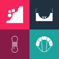 Set pop art Parachute, Climber rope, Skate park and Landslide icon. Vector