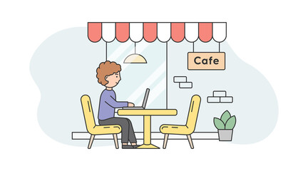 Illustration On White And Blue Background. Linear Vector Composition With Outline Objects And Male Character. Remote Modern Working Concept. Man Sitting At Cafe On Chair With Laptop. Outdoors Design