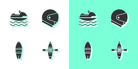 Set Kayak or canoe, Jet ski, Surfboard and Helmet icon. Vector