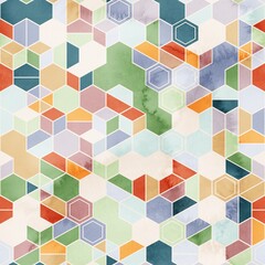 Seamless pattern of hexagons in random colors in watercolor. High quality illustration. Tile mosaic arrangement of triangles, trapezoids, and hexagons, in honeycomb arrangement. Design for print.