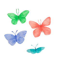 Watercolor butterfly set isolated on white collection in pastel color. Botanical illustration wedding design.