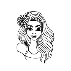 Beautiful woman with flower. Lady doodle simple illustration. Abstract fashion retro stylish girl portrait isolated on white background. Beauty model silhouette.
