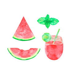 Set of watermelons and slice, cocktail. Summer fruit decorative illustration isolated on white.