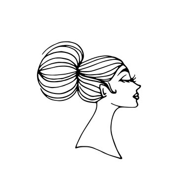 Profile portrait of young beautiful girl with hair bun. Hand drawn doodle fashion vector isolated on white.