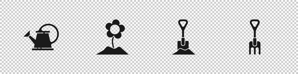 Set Watering can, Flower, Shovel the ground and Garden rake icon. Vector
