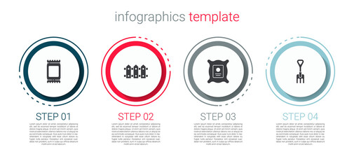 Set Fertilizer bag, Garden fence wooden, Pack full of seeds of plant and rake. Business infographic template. Vector