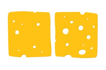 Two pieces of cheese. Overhead view of isolated yellow colour chesse. Toast Cheese Pieces isolated on white background. Flat design style for menu, cafe, restaurant, poster, banner, emblem, sticker.