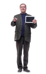 in full growth. Mature man using a digital tablet.