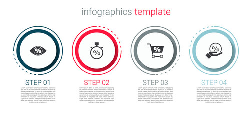 Set Eye with percent, Stopwatch and, Shopping cart and Discount tag. Business infographic template. Vector