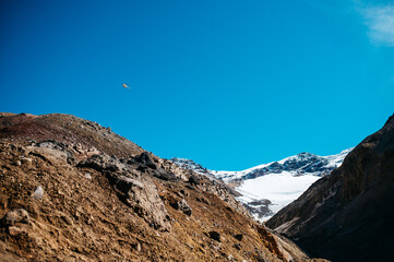 Helicopter flying low over a volcano