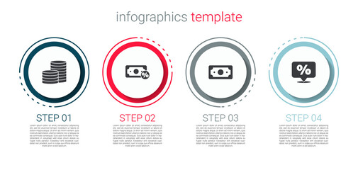 Set Coin money, Money percent, Stacks paper cash and Discount tag. Business infographic template. Vector