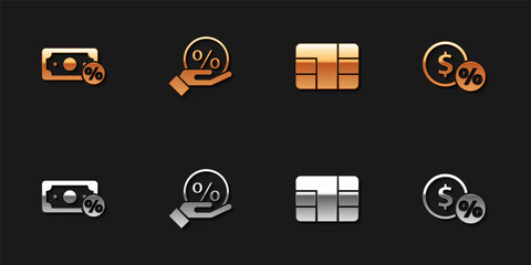 Set Money percent, Discount tag, Credit card with chip and coin icon. Vector