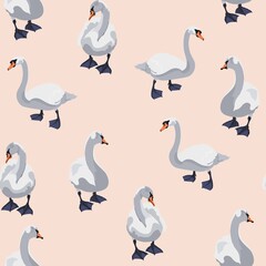Beautiful seamless pattern with swans bird silhouette illustration on beige background.