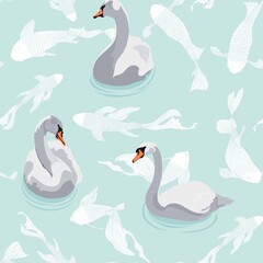 Beautiful seamless pattern with swans bird silhouette and blue fish illustration on blue mint background.
