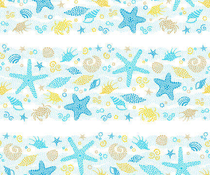 Blue seamless sea life background with sea elements. Ornate maritime decor from drops. Spotty sea backdrop