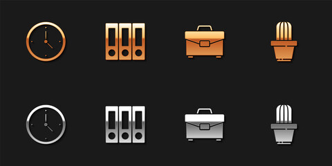 Set Clock, Office folders, Briefcase and Cactus and succulent in pot icon. Vector