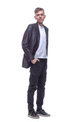 full-length. casual guy in a jacket and white t-shirt.