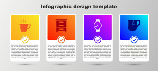 Set Coffee cup, Drawer with documents, Wrist watch and Cup tea tea bag. Business infographic template. Vector