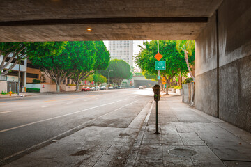 The deserted streets of Los Angeles in the early morning, the downtown area after the tunnel. Los...