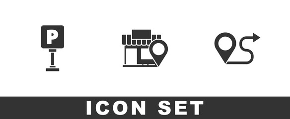 Set Parking, Location with store and Route location icon. Vector