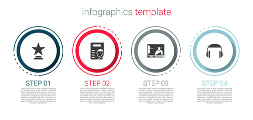 Set Movie trophy, Cinema poster, Online play video and Headphones. Business infographic template. Vector