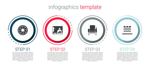 Set Camera shutter, Online play video, Cinema chair and auditorium with seats. Business infographic template. Vector
