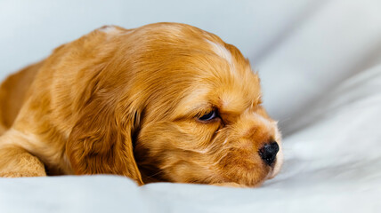 Closeup cocker spaniel puppy dog lies on a white cloth