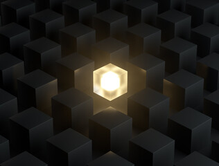 Abstract  3d composition with dark cubes and one glowing light cube shining among other dim cubes in the dark background with reflections and shadows . 3D rendering.
