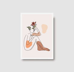 Minimal abstract woman beauty poster. Set of modern woman body line drawing with pastel colors in boho style. Girl portrait, watercolor vector background for card, spa and wall art. Luxury interior