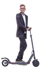 side view. student guy with an electric scooter looking at you.