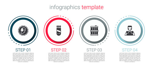 Set Ancient coin, Quiver with arrows, Wooden barrel and Medieval knight. Business infographic template. Vector