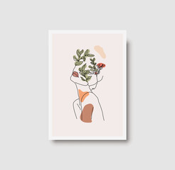 Minimal abstract woman beauty poster. Set of modern woman body line drawing with pastel colors in boho style. Girl portrait, watercolor vector background for card, spa and wall art. Luxury interior