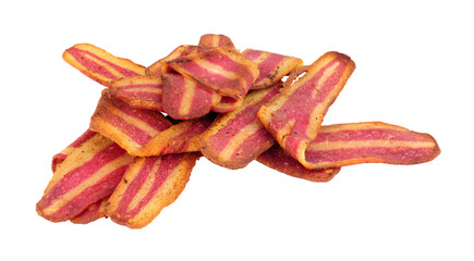 Fried crispy meat free plant based bacon rashers isolated on a white background