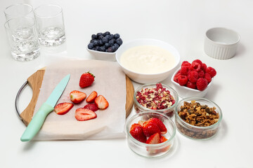Ingredients for a healthy breakfast. Muesli, berries and yogurt. Healthy eating. Sports fitness menu. Concept. High quality photo