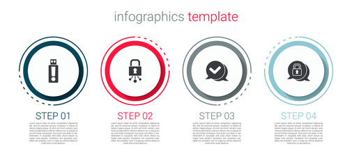 Set USB flash drive, Cyber security, Check mark in speech bubble and . Business infographic template. Vector