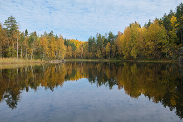 Fototapeta na wymiar Russia, Republic of Karelia, natural attractions - Ladoga skerries on the lake, bright autumn forest.