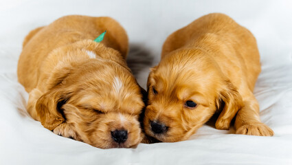 Closeup two cocker spaniel puppies dog lays on a white cloth, one of them sleeps