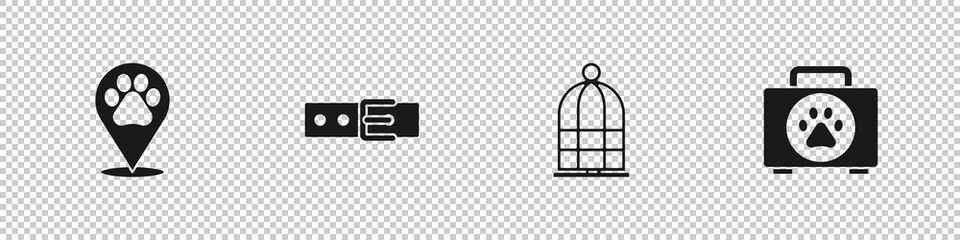 Set Location veterinary, Collar with name tag, Cage for birds and Pet first aid kit icon. Vector