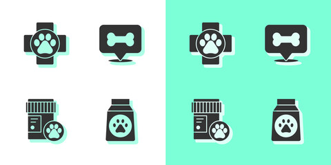 Set Bag of food, Veterinary clinic, Dog medicine bottle and bone icon. Vector