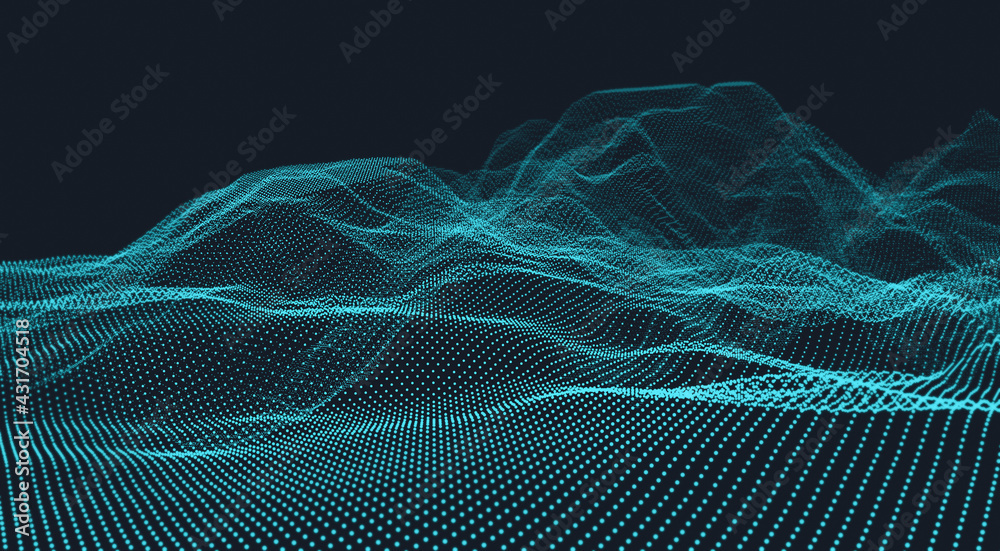Poster abstract technology science network connection. blue background of glowing points. waves of dots and