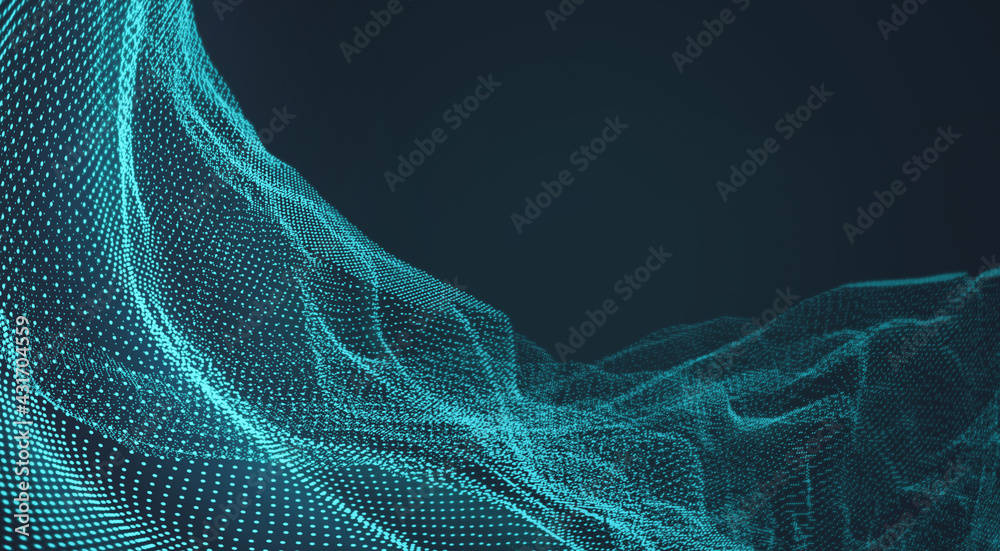 Fototapete abstract technology science network connection. blue background of glowing points. waves of dots and