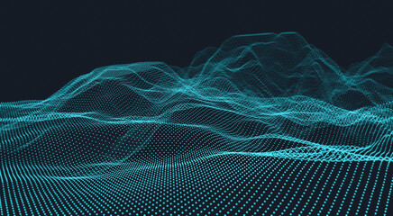Abstract technology science network connection. Blue background of glowing points. Waves of dots and particles. Cyber space, data and artificial intelligence visualization stream. 3D rendering.