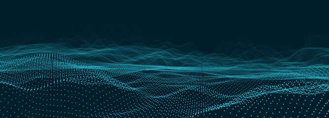 Abstract background with digital data technology and glowing plexus mesh. Big network connection, connected points. Blue background and wallpaper concept. 3D rendering. Blur focus.