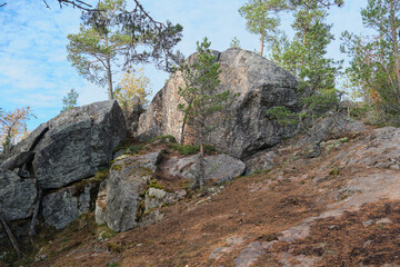 Russia, the Republic of Karelia, huge stones on the islands of Lake Ladoga.
