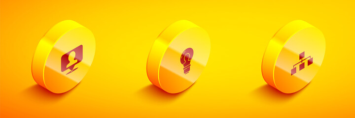 Set Isometric Location with person, Head lamp bulb and Hierarchy organogram chart icon. Vector