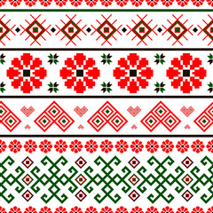 Bulgarian slavic balkan national folklore embroidery style red, white, green and black ornamental seamless vector pattern - obrazy, fototapety, plakaty