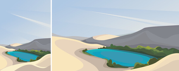Small lake in desert. Nature landscape in vertical and horizontal orientation.